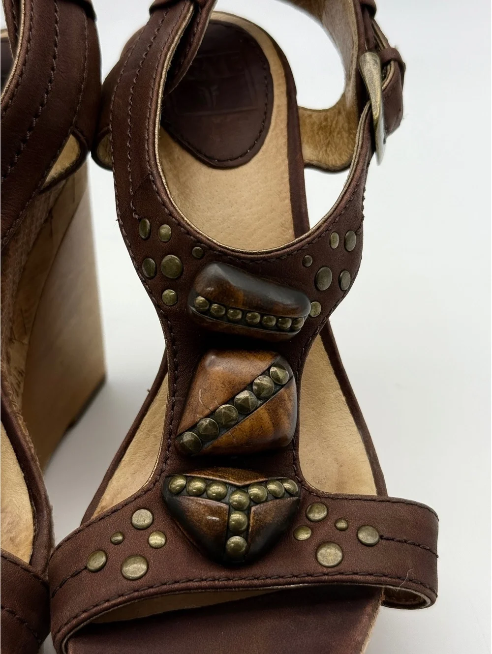 Frye Bridget Ornament Womens Tan Leather Wedge Sandals Platform Size 6
